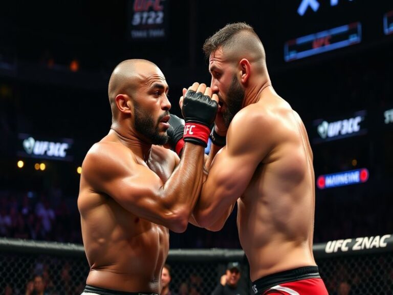 A vibrant scene from UFC 328, featuring fighters in the octagon with intense expressions, a packed audience, and dynamic ligh