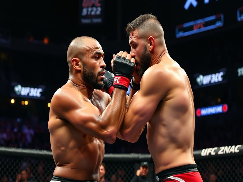 A vibrant scene from UFC 328, featuring fighters in the octagon with intense expressions, a packed audience, and dynamic ligh