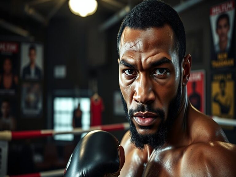 A dynamic image of Keith Thurman in the boxing ring, showcasing his fighting stance, with a focused expression and an audienc