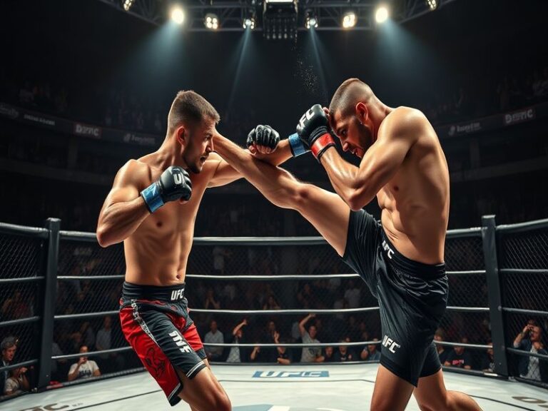 A high-energy shot of the UFC octagon at night, with fighters from UFC 327 in action, surrounded by a roaring crowd, vibrant