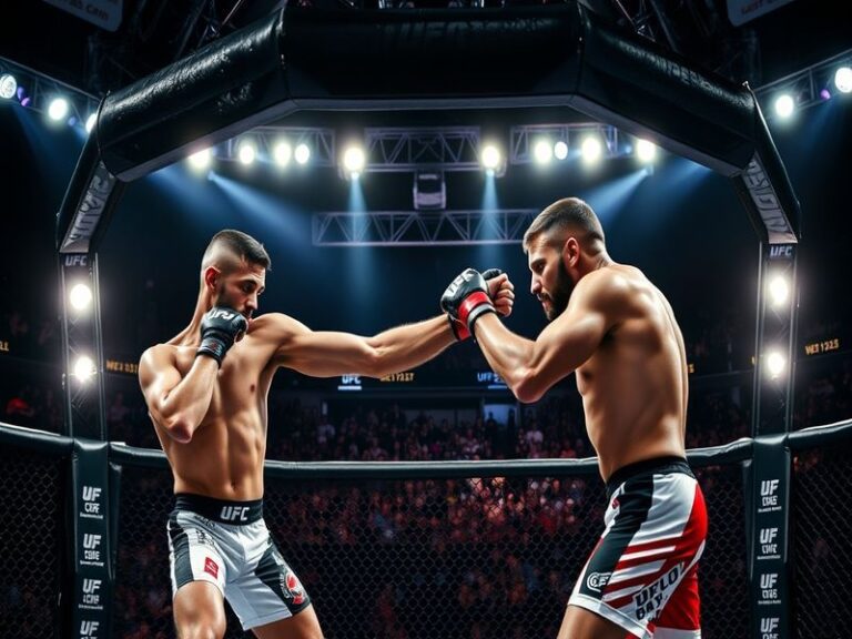 A dynamic shot of fighters in action during a UFC match, capturing the intensity and energy of the event.