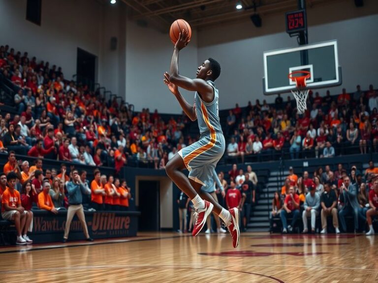 An action shot of Marcus Paige playing basketball, showcasing his determination and skill on the court with a packed arena in