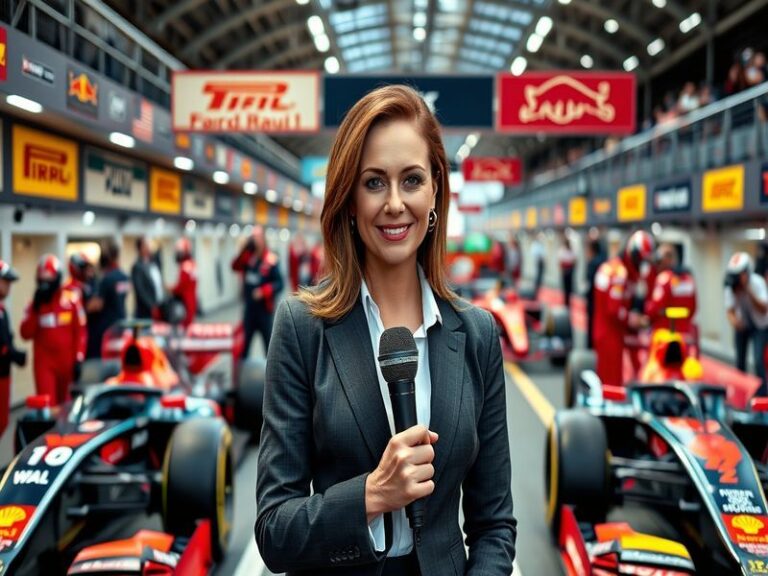A dynamic image of Natalie Pinkham in the Formula 1 paddock, microphone in hand, engaging with a driver, with the vibrant atm