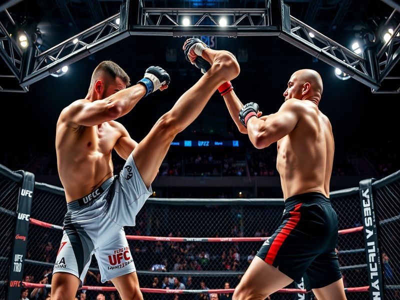 A dynamic image of a UFC octagon during a fight night, with fans cheering in the background, capturing the intensity and exci