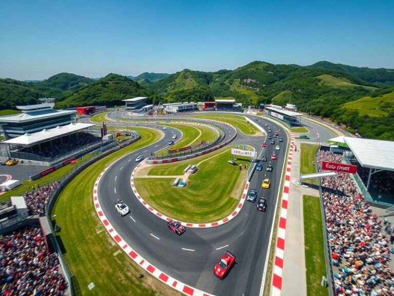 Aerial view of Suzuka Circuit during the Japanese Grand Prix, showing the figure-eight layout, racing cars on track, and spec