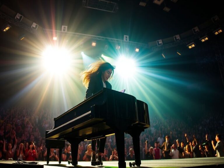 An engaging image of Yoshiki performing on stage, showcasing his dynamic drumming style, with vivid lights and an enthusiasti