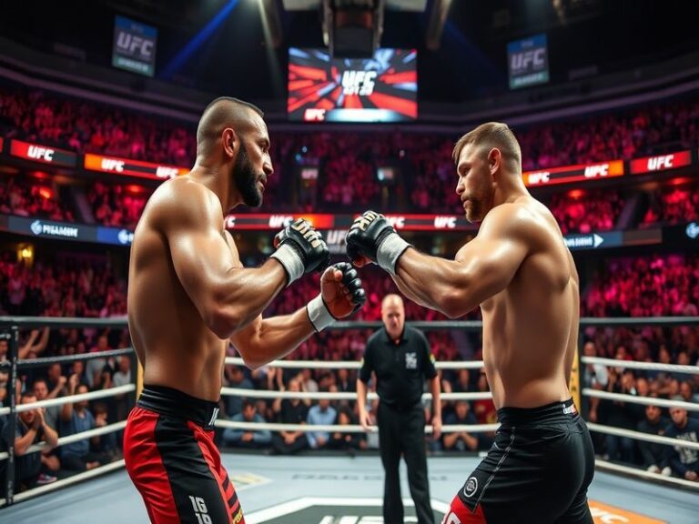 An action-packed scene from UFC 328, showcasing fighters in the octagon with an engaged crowd in the background, highlighting