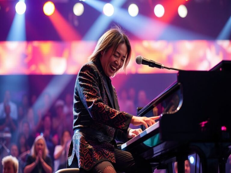 A dynamic concert scene featuring Yoshiki performing on stage, surrounded by vibrant lights and an enthusiastic crowd, captur