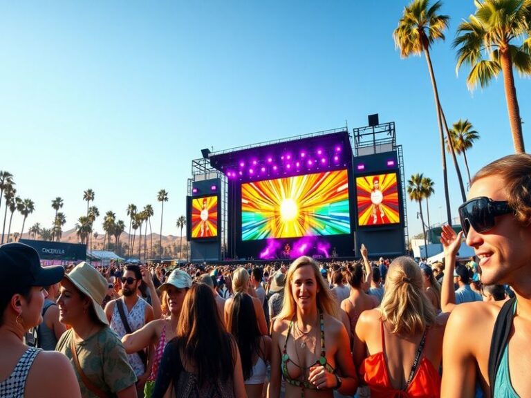 A vibrant image capturing the excitement of Coachella, featuring a diverse crowd enjoying live performances under a sunset sk
