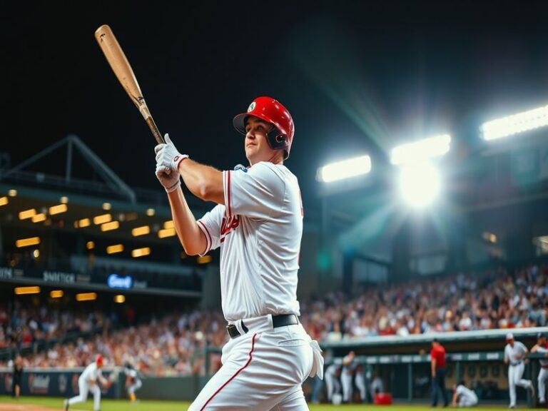 An action shot of Luke Raley in a baseball uniform, poised at bat in a stadium filled with cheering fans, capturing the excit