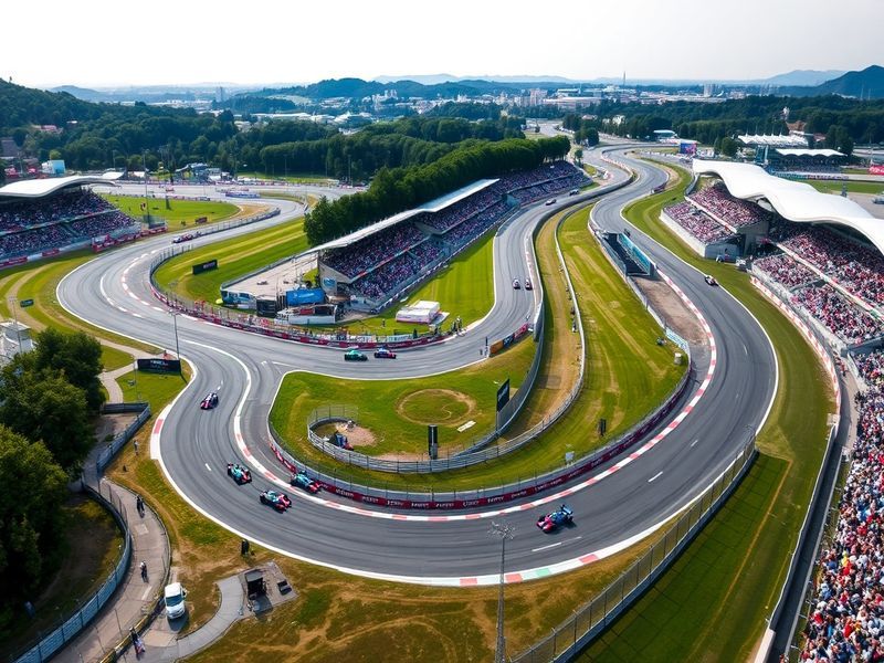 A panoramic view of the Suzuka Circuit during a race day, showcasing the vibrant atmosphere with fans in the stands and cars