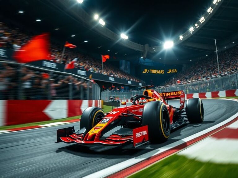 A split-screen image showing a Formula 1 race on a smartphone with interactive streaming features, alongside a crowd at a Gra