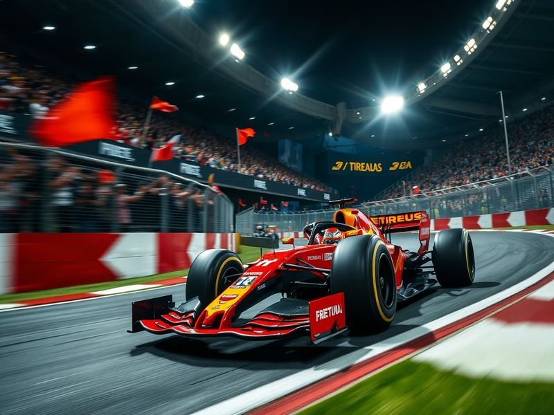 A split-screen image showing a Formula 1 race on a smartphone with interactive streaming features, alongside a crowd at a Gra