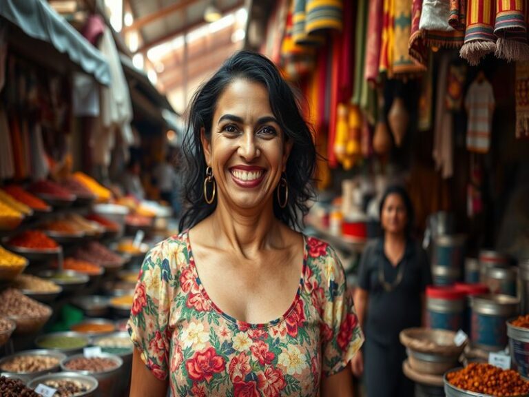 A vibrant portrait of Collien Fernandes, showcasing her engaging smile and diverse heritage, set against a colorful backdrop