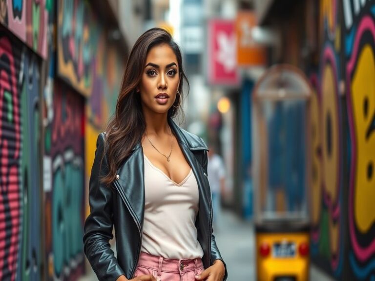A vibrant portrait of Collien Fernandes smiling, dressed in stylish attire, set against a dynamic urban backdrop.