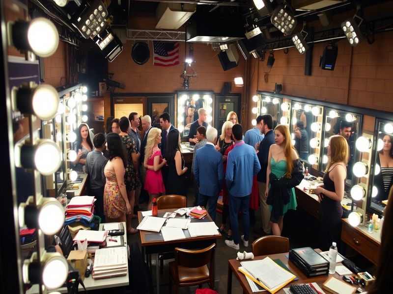 A vibrant collage of SNL's most iconic moments: a live stage with a studio audience, cast members in famous costumes (like th