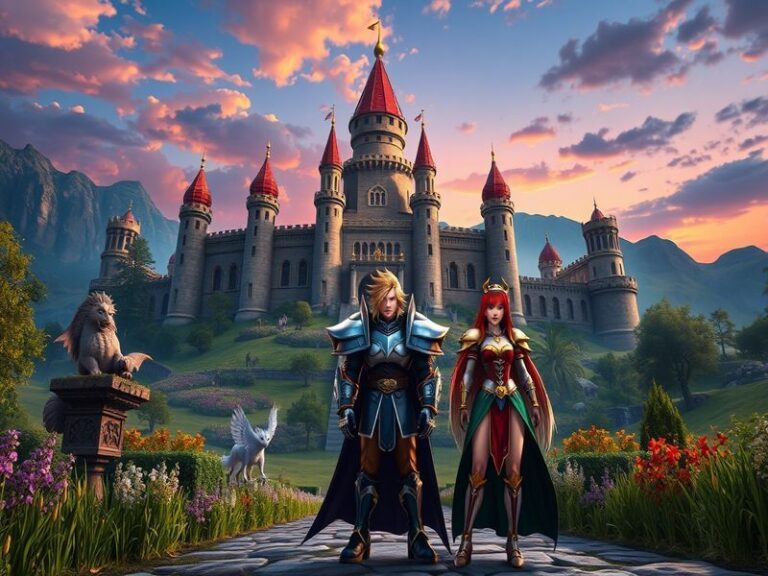 An artistic representation of the main characters from Final Fantasy IX, set in a lush, fantastical landscape with vibrant co