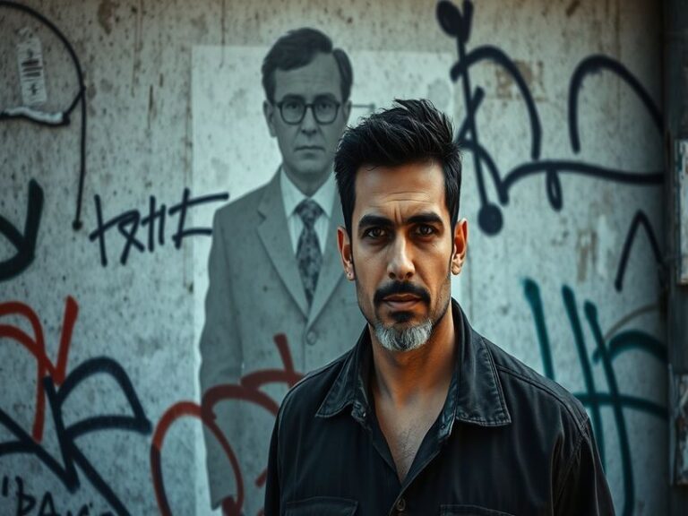 A somber yet engaging image depicting a shadowy figure representing Ramsey Elkholy amidst a backdrop of news articles and hea