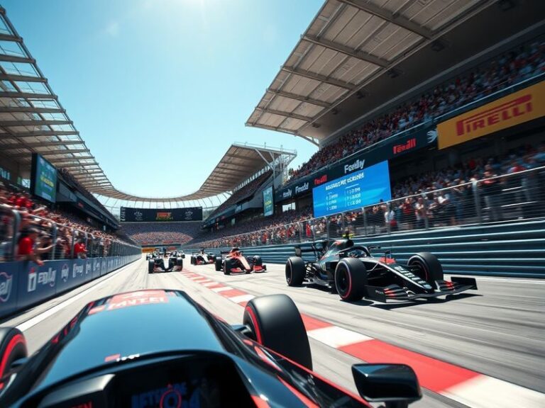 A dynamic image showcasing a Formula 1 race, featuring cars speeding on a modern circuit with enthusiastic fans in the backgr