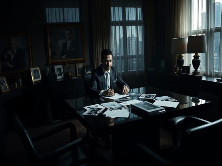 A somber image depicting a courtroom setting, symbolizing justice and the legal system, with shadows representing the complex