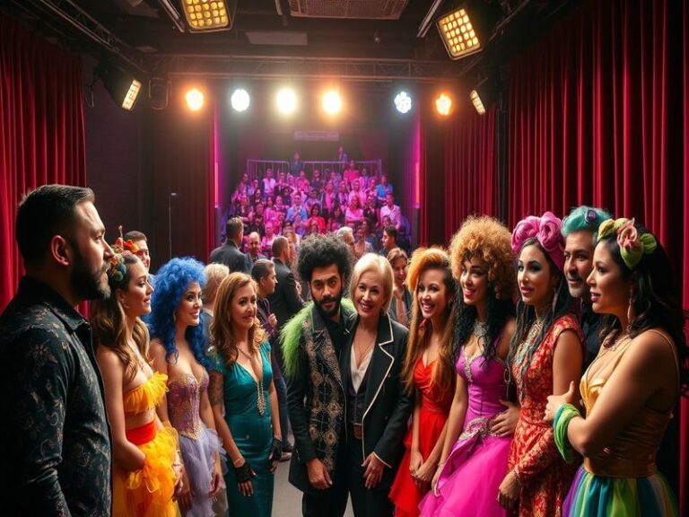 A vibrant collage of SNL cast members in iconic sketches, including live studio shots, musical guests, and political parodies