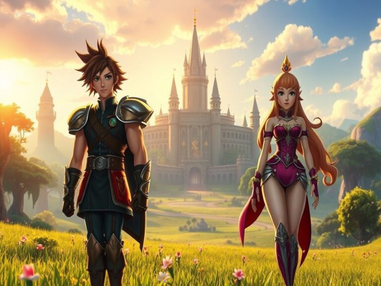 A visually stunning artwork depicting characters from Final Fantasy IX in a vibrant fantasy landscape, showcasing the whimsic