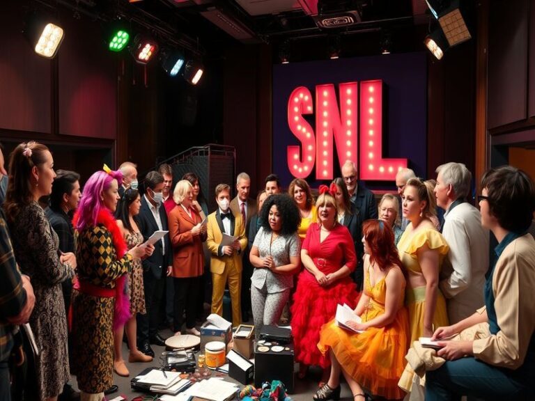 A vibrant collage of memorable SNL moments featuring iconic sketches, hosts, and musical guests, set against a backdrop of th