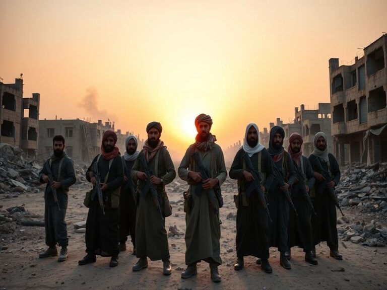 A poignant image depicting the devastation in Yemen, showcasing damaged buildings and displaced families, reflecting the huma