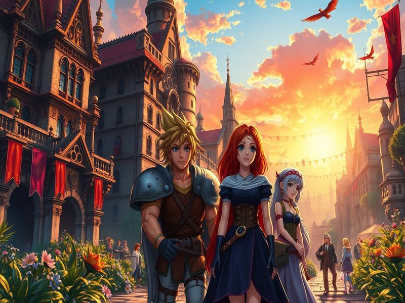 A vibrant landscape from Final Fantasy IX, showcasing the lush environments of Gaia with iconic characters in a modern art st