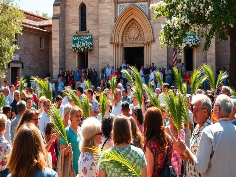 A vibrant Palm Sunday procession with people carrying palm branches, set against a backdrop of a historic church.