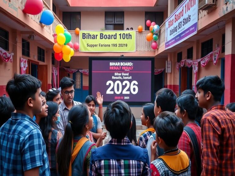 A student in a school uniform checking the Bihar Board 10th Result 2026 on a laptop, with a worried expression turning to rel