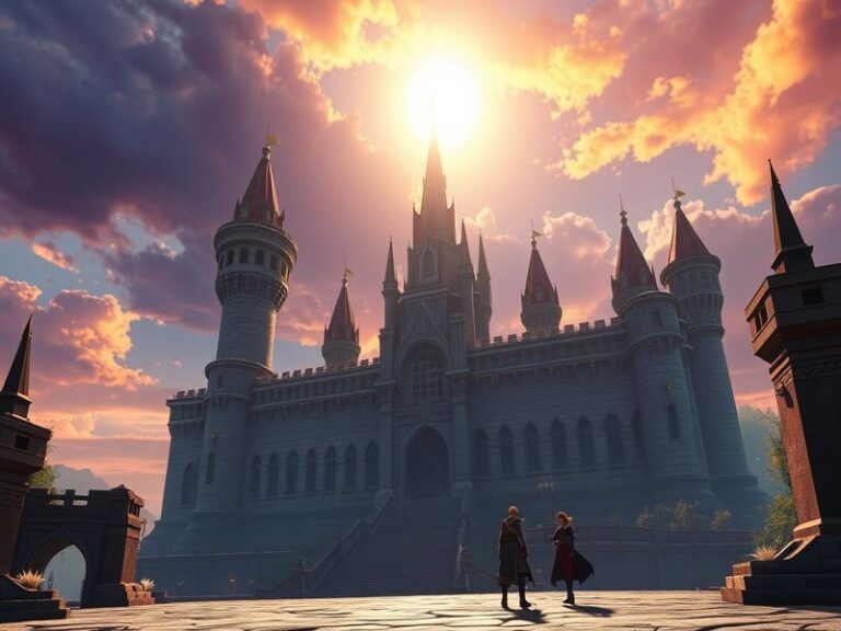 An artistic representation of characters from Final Fantasy IX, showcasing vibrant colors and a whimsical fantasy landscape.