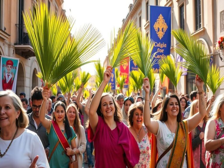 A vibrant scene of Palm Sunday celebrations, featuring diverse participants waving palm branches in a church setting, with a