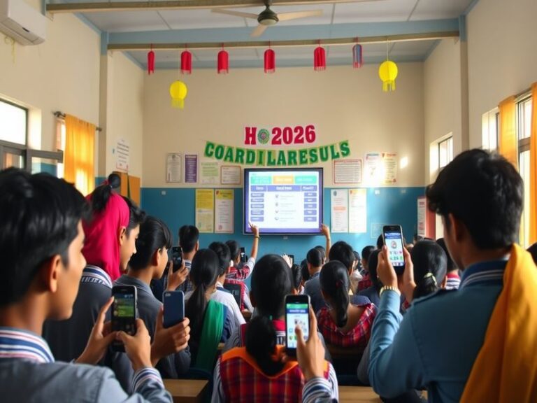 A focused student checking the Bihar Board 10th Result 2026 on a mobile phone, with a laptop open in the background showing t