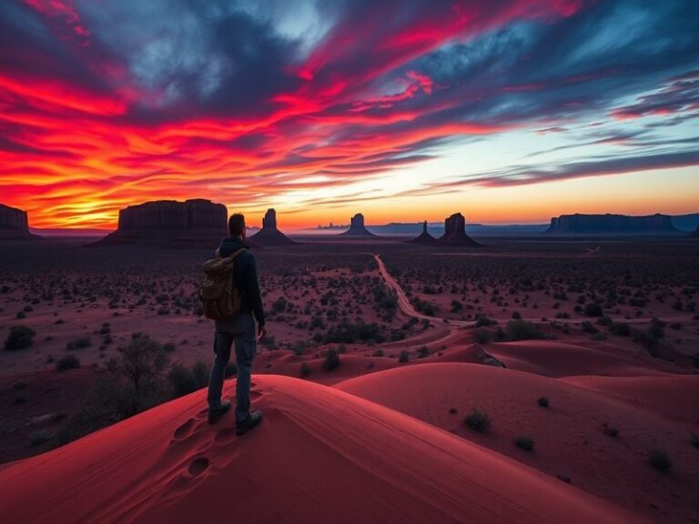 An illustration of a breathtaking landscape within Crimson Desert, showcasing lush terrains, a vibrant sunset, and a diverse
