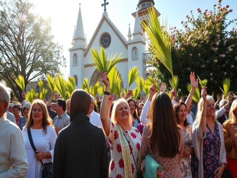 A vibrant church procession on Palm Sunday, with participants holding palm branches, set against a sunny backdrop, creating a