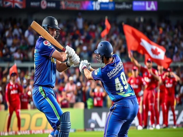 A vibrant cricket stadium at night, filled with roaring fans, bright lights illuminating the pitch, and players from both tea