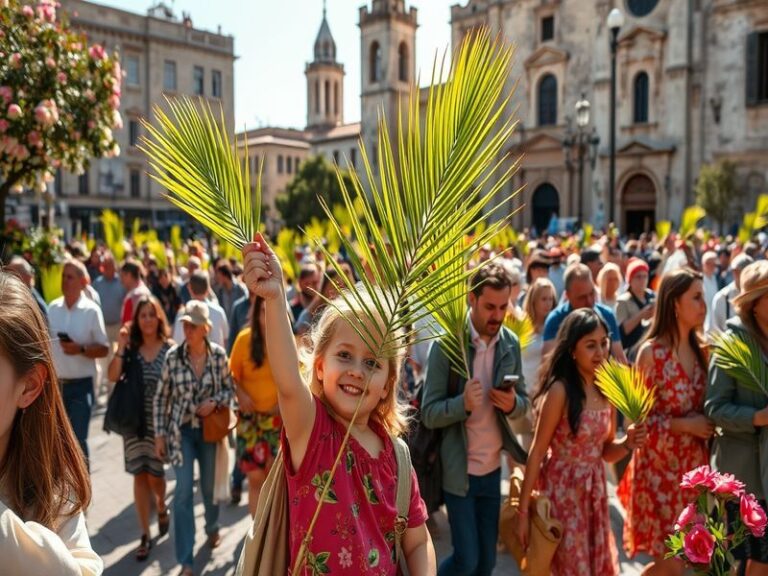 A vibrant church service on Palm Sunday, with worshippers holding palm branches in a sunny setting, creating a mood of joy an