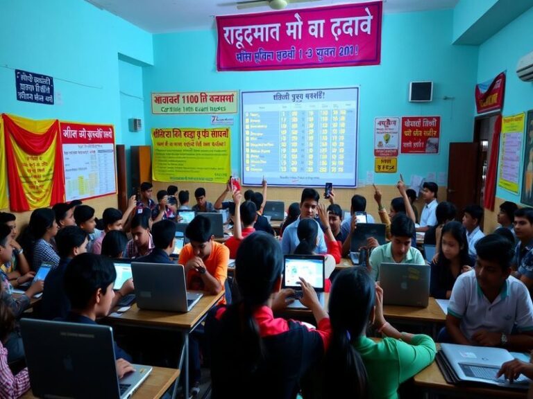 A group of diverse students celebrating their exam results, with bright smiles and a backdrop of a school building.