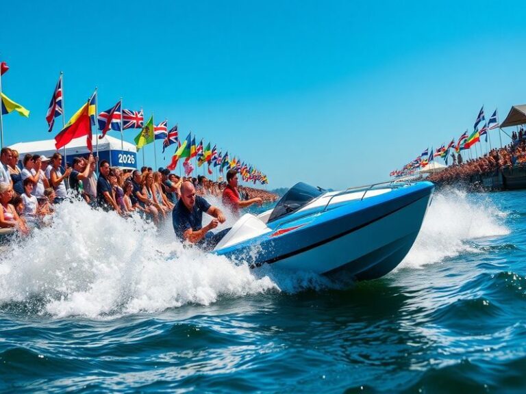A vibrant scene of the Boat Race on the River Thames, featuring rowers in their boats, spectators along the riverbank, and th
