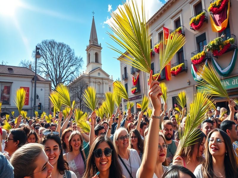 A vibrant church procession during Palm Sunday, with people holding palm branches, dressed in spring attire, and a historic c