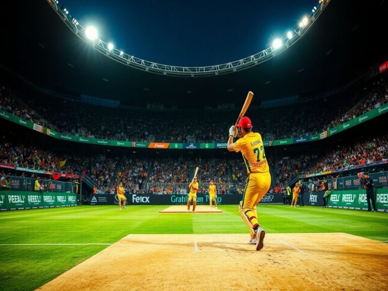 A dynamic image capturing the intense atmosphere of a cricket match between Quetta Gladiators and Hyderabad Kingsmen, featuri