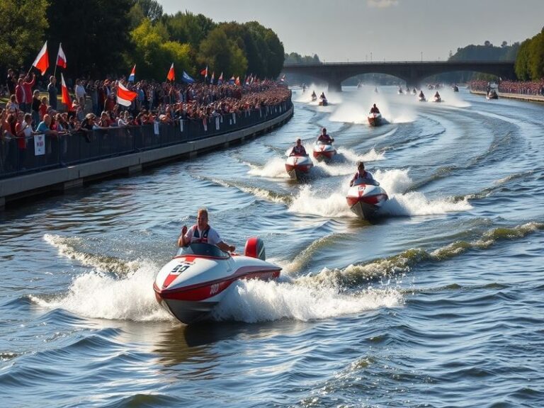 Spectators lining the banks of the River Thames during the Boat Race, showcasing a vibrant atmosphere with flags, cheering fa