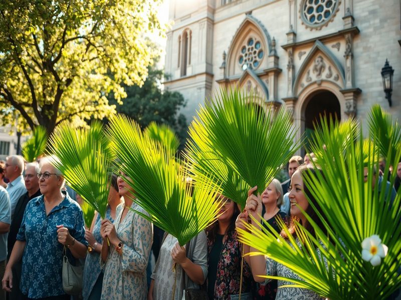 A vibrant scene of a Palm Sunday procession with a diverse crowd holding palm branches, set in a historic European city with