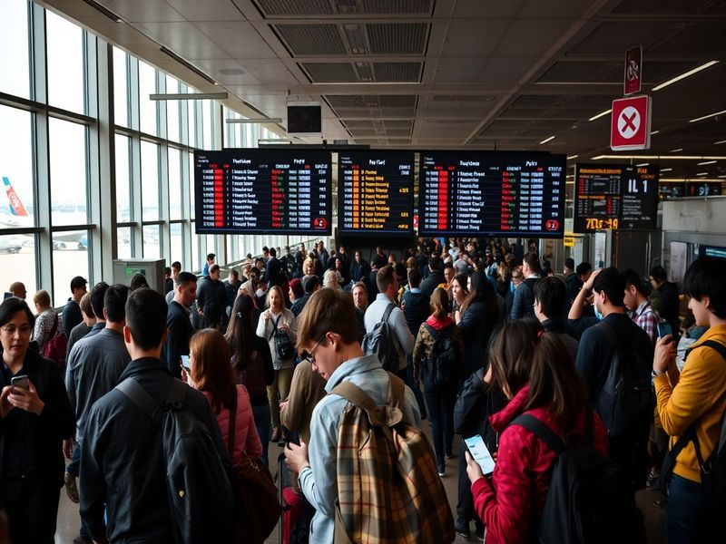 An image depicting a traveler checking their flight status on a mobile app at the airport, showcasing a modern and tech-savvy