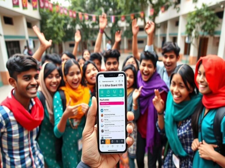 An image of students looking at their exam results with expressions of anticipation and excitement, set in a school environme