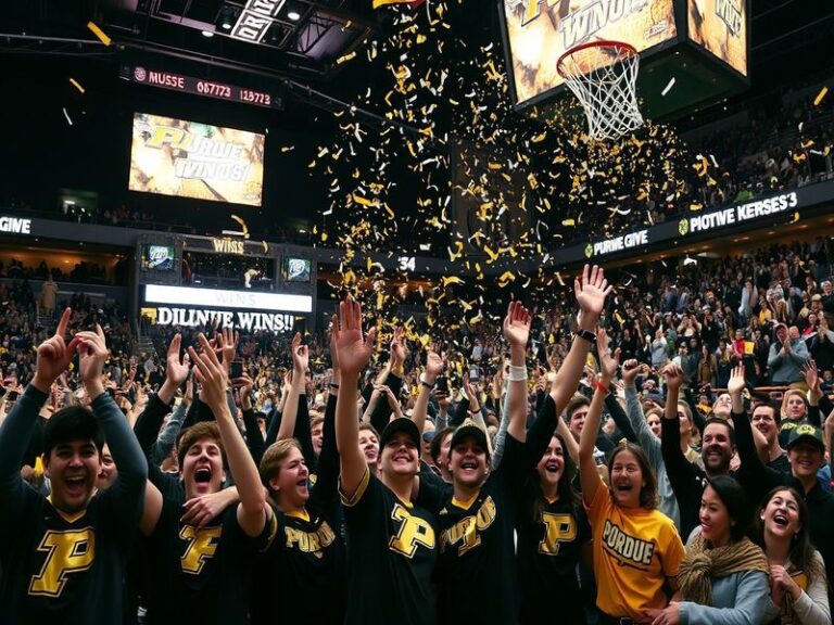 A vibrant scene from a Purdue Boilermakers basketball game at Mackey Arena, featuring players in action, the team logo on the