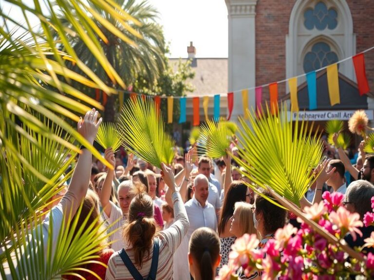 A vibrant Palm Sunday procession with participants holding palm branches, set against a backdrop of a historic church, captur