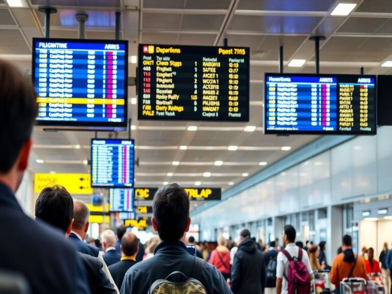 An image of a digital flight status board at an airport, showing various flight details and updates, with travelers looking a