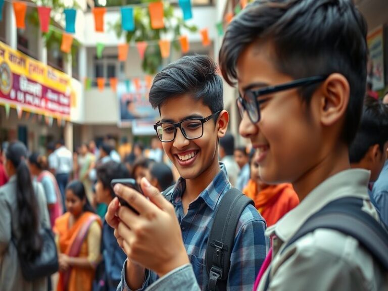 A group of students anxiously checking their results on a mobile device, with expressions of hope and anticipation.